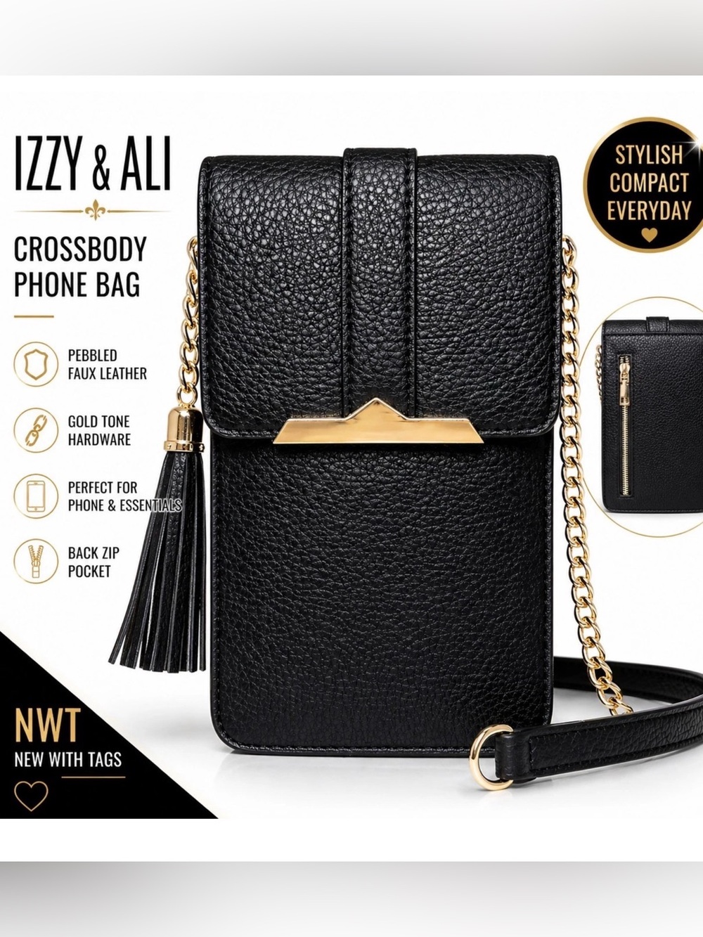 Izzy & Ali Black Pebbled Crossbody Phone Bag with Gold Accent